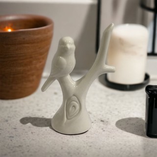 Mini Enfeite de Porcelana Porta Anel Árvore com Pássaro 11x 7,5cm