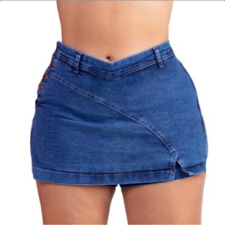 Shorts Saia Jeans Plus Size Azul com Lycra Cintura Alta