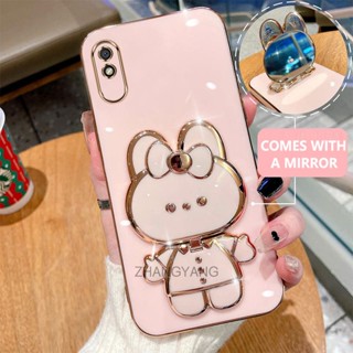 Caixa Redmi 9A Plating 3D Para Coelho Com 360 ° Concha Macia De silicone Rotativa E Espelho Embutido