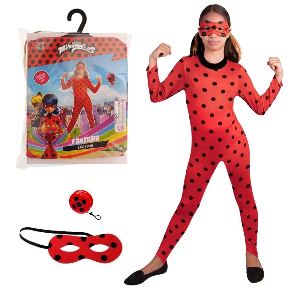 Fantasia Ladybug Infantil Original Miraculous de Luxo Com Máscara e Ioiô em Oferta na Shopee