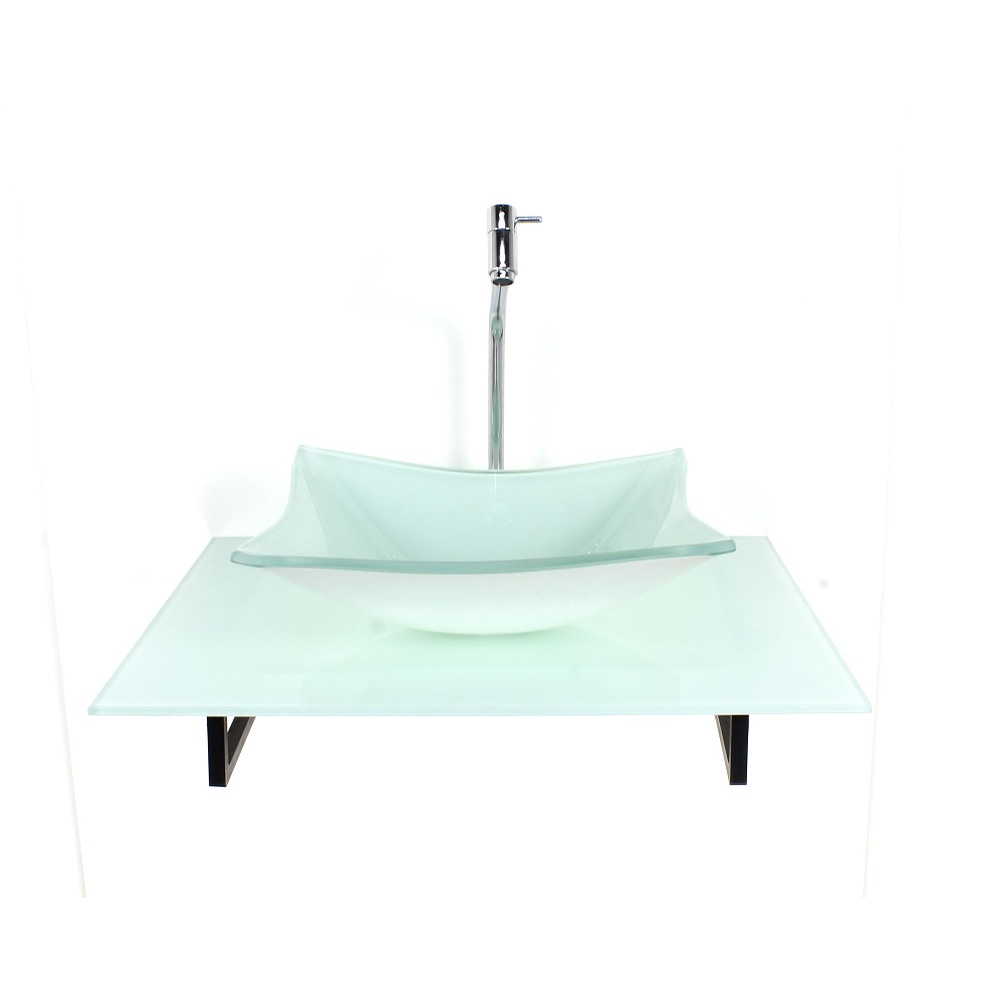 KIT CUBA DE VIDRO RETANGULAR COM TAMPO 60CM BRANCO FULL E SUPORTE PRETO