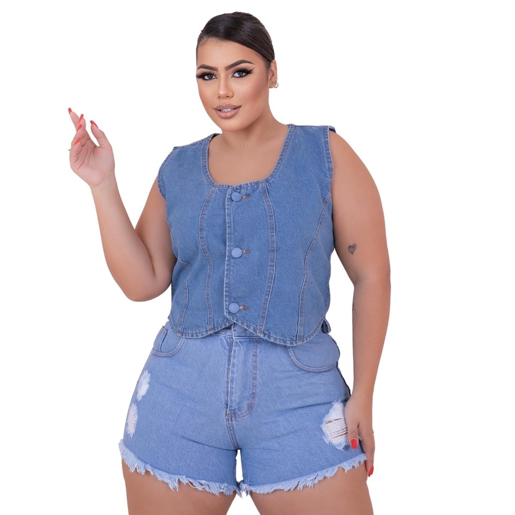 Short Jeans e Colete Botão Encapado Conjunto Plus Size Jeans