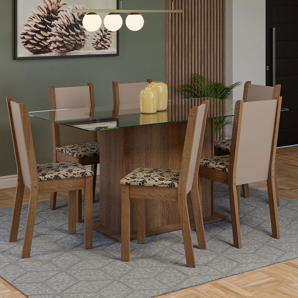Conjunto Sala de Jantar Mesa Tampo de Vidro 6 Cadeiras Rustic/Crema/Bege Marrom Yolanda Madesa em Oferta na Shopee