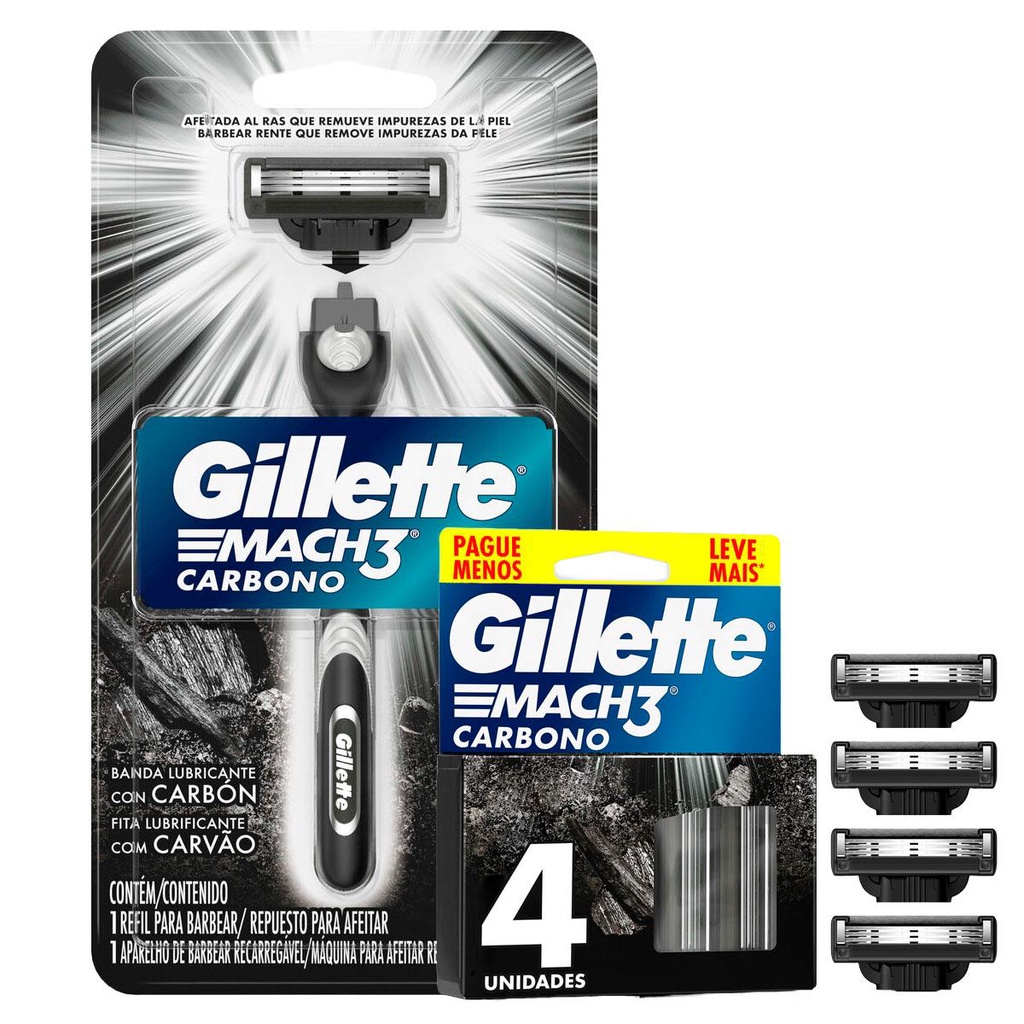Kit Aparelho de Barbear Gillete Mach3 Carbono + Carga Gillete Mach3 Carbono 4 Unidades em Oferta na Shopee