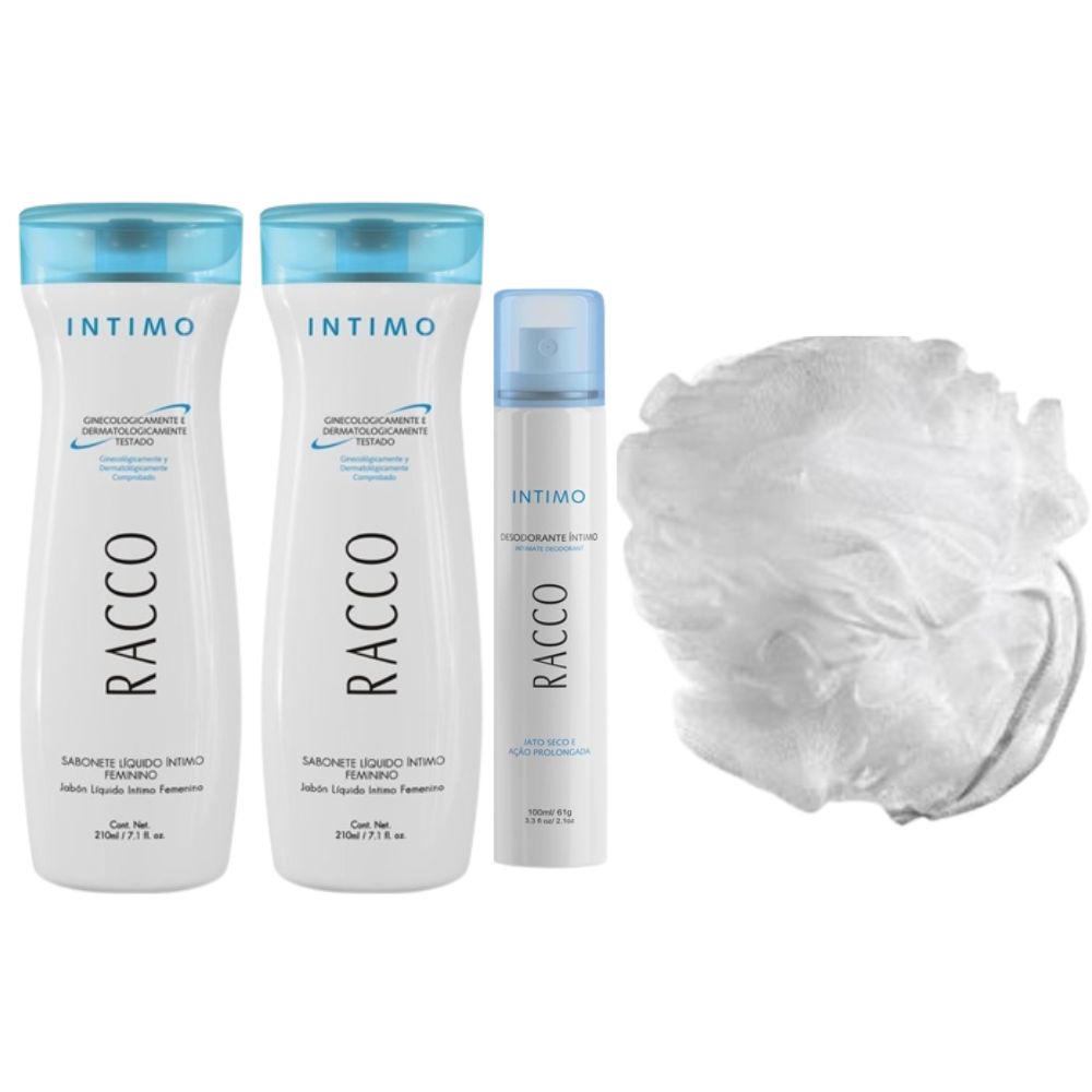 Kit Intimo Feminino Racco 2 Sabonete Liquido Tradicional 210mL Cada  + Desodorante 100mL + Esponja de Banho Luxo