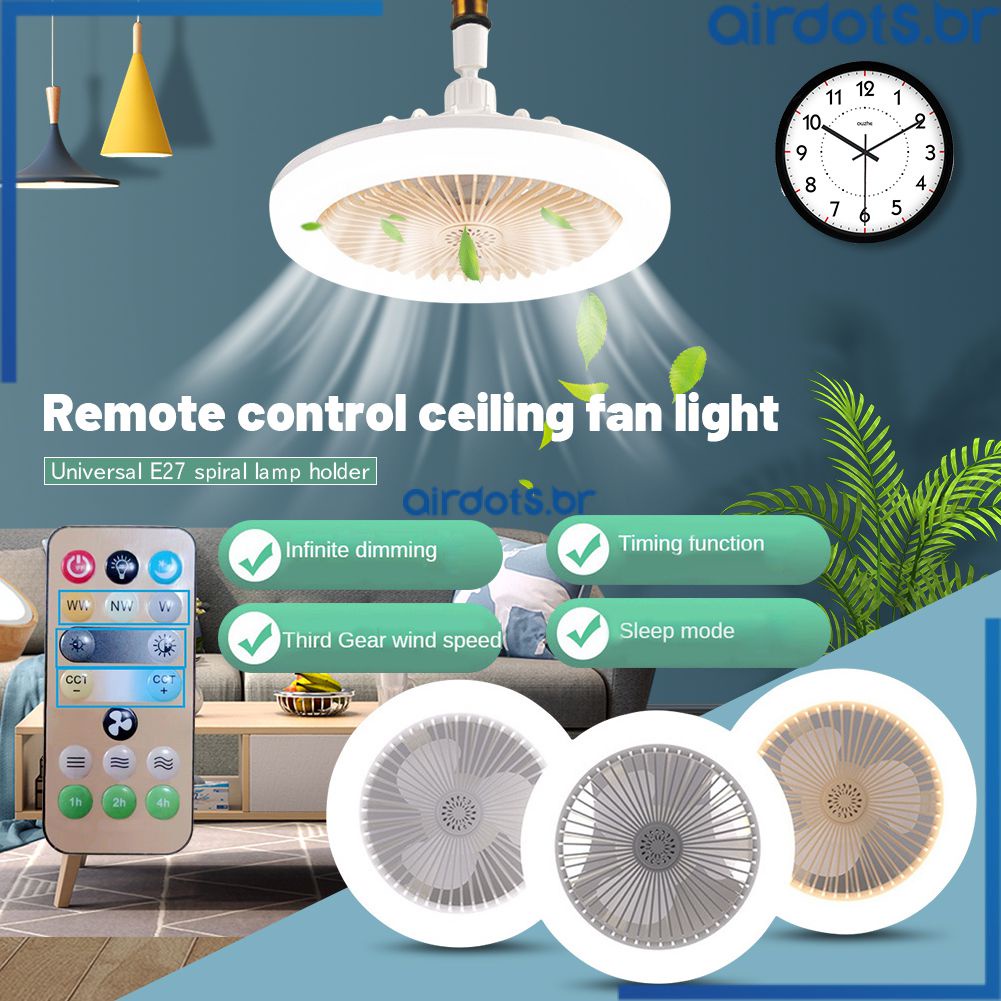 Ventiladores de teto silenciosos com controle remoto e luz 30w lâmpada LED inteligente para sala de estar quarto E27 conversor base airdots.br