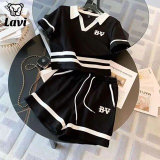 Casual Simples Fato De Verão Feminino Solto Manga Curta Lapela Top + Calção Esportivo Conjunto De Duas Peças