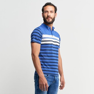 Camisa Polo Masculina Pique Azul Listrada