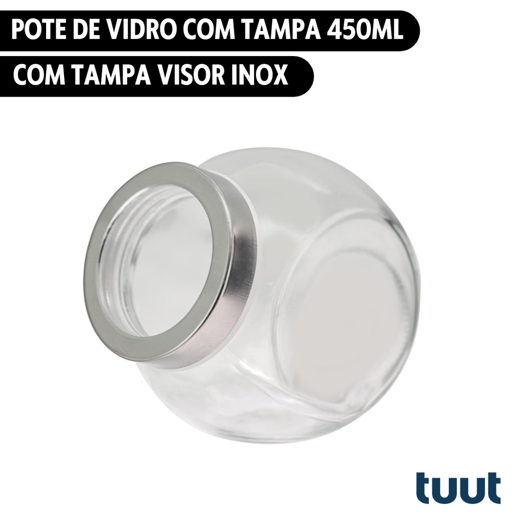 Pote Baleiro de Vidro Com Tampa Visor Inox 450ml Tuut Yazi