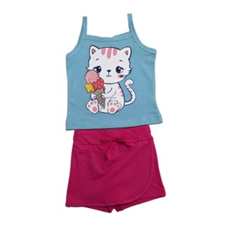 Conjunto Infantil Menina Blusa Alcinha estampa gatinha e Short Com Saia Malha 1-2-3