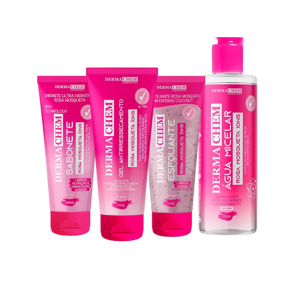 Kit Skin Care Limpeza Facial Rosa Mosqueta Clareador e Cuidado com a Pele Seca Efeito Demaquilante 4 Produtos - Sabonete + Gel + Esfoliante + Água Micelar. Dermachem