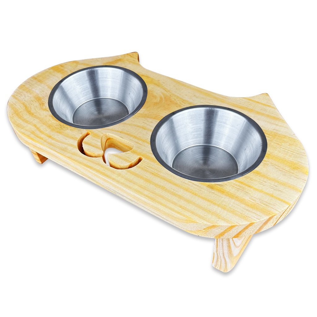 Comedouro Pet Bebedouro Madeira Gato Elevado 2 Pote Inox CARA DE GATO