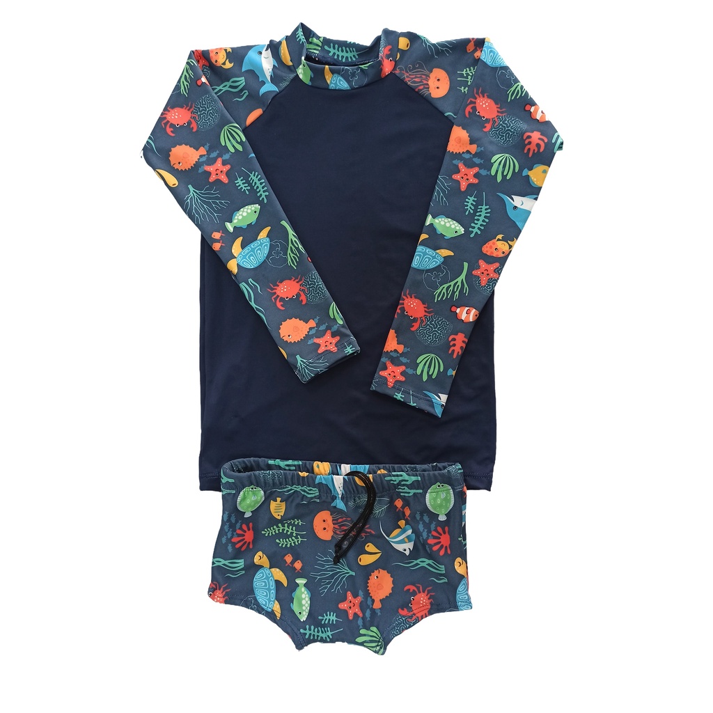 Conjunto proteção UV menino manga raglan azul marinho 0 a 16 anos