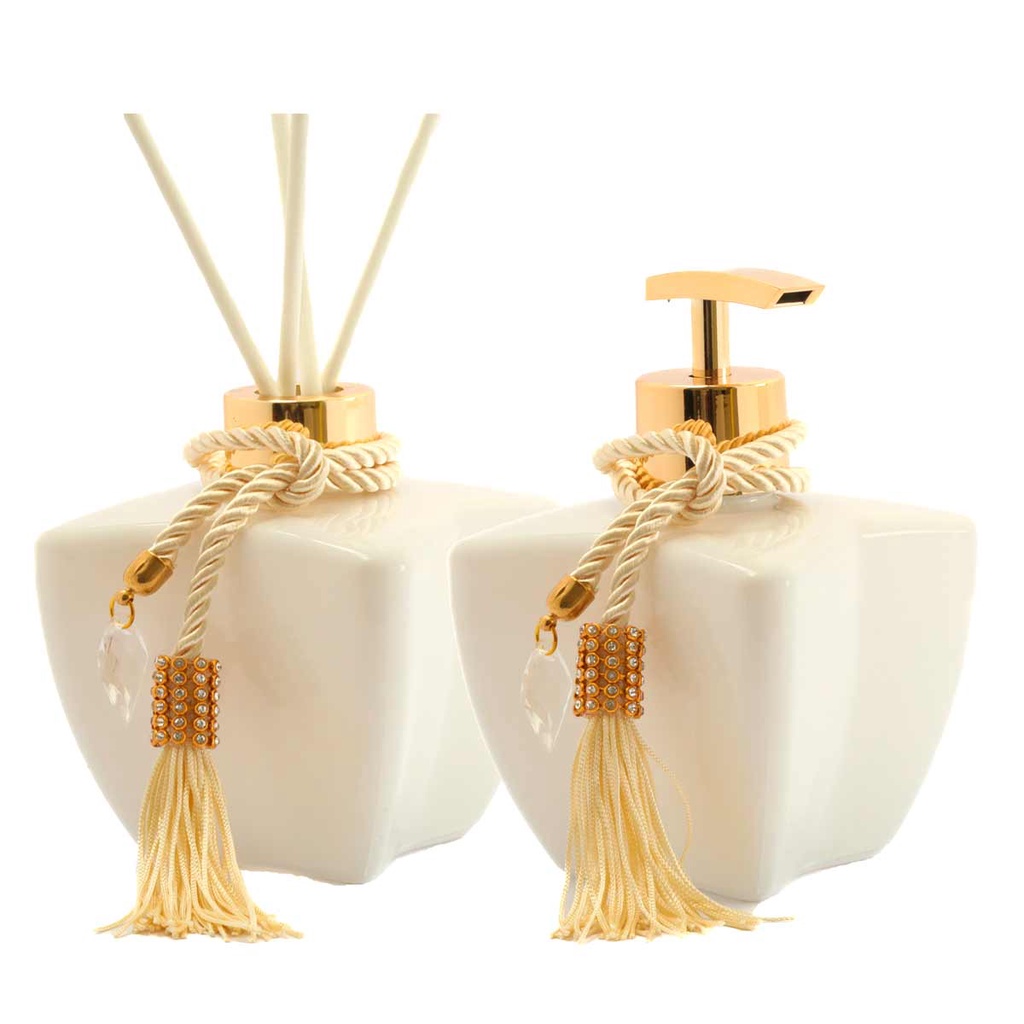 Kit Vidros Lavabo Branco Luxo C/ Enfeite Difusor E Sabonete