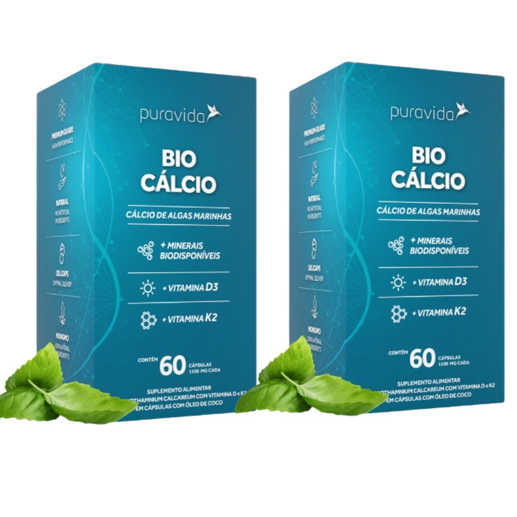 Kit 2 Bio Cálcio Marinho  Minerais Vitaminas D3 K2  PuraVida