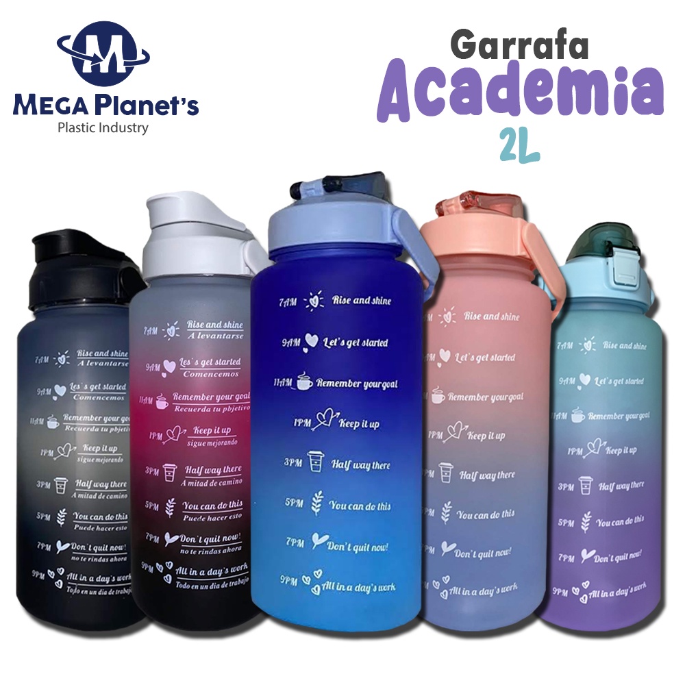 Garrafa Squeeze Academia 2L | Cores Aleatórias | Garrafa d'água | Garrafa Motivacional | Acompanhamento Diário | Hidratação