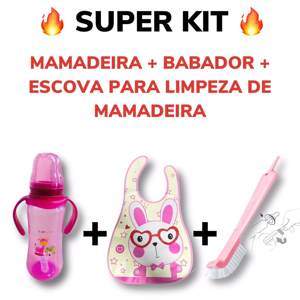Kit Para Bebês Babador Mamadeira Com Alça + Limpador De Mamadeira 100% Garantido