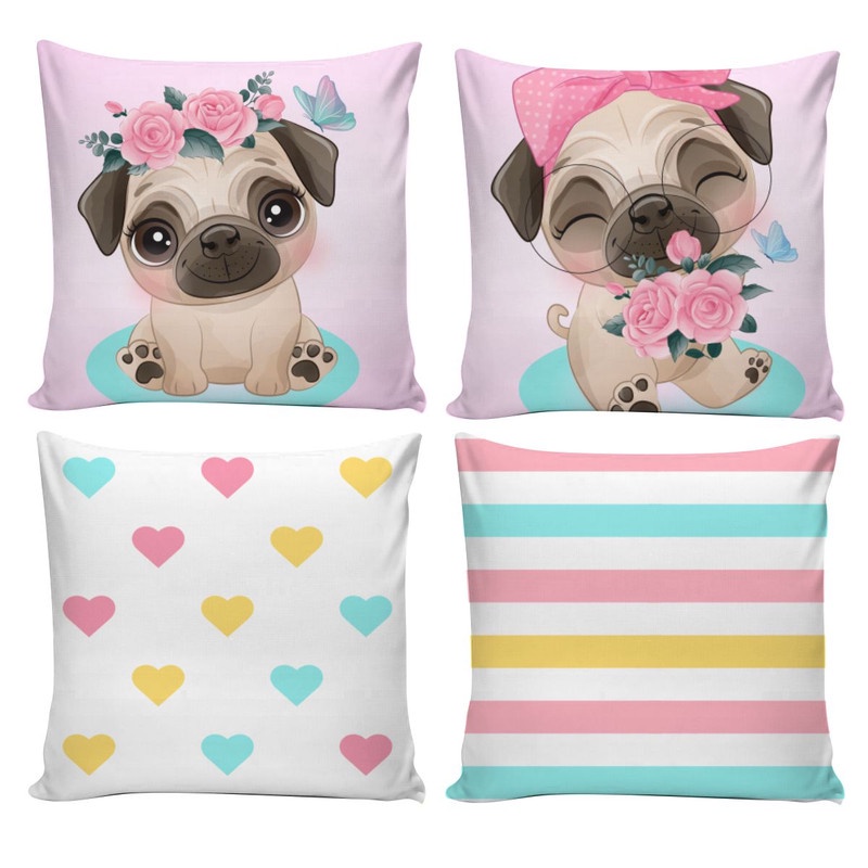 Kit 4 Capas de Almofadas Decorativa dy0402 Decorações Yasmim Pug Rosa 45x45