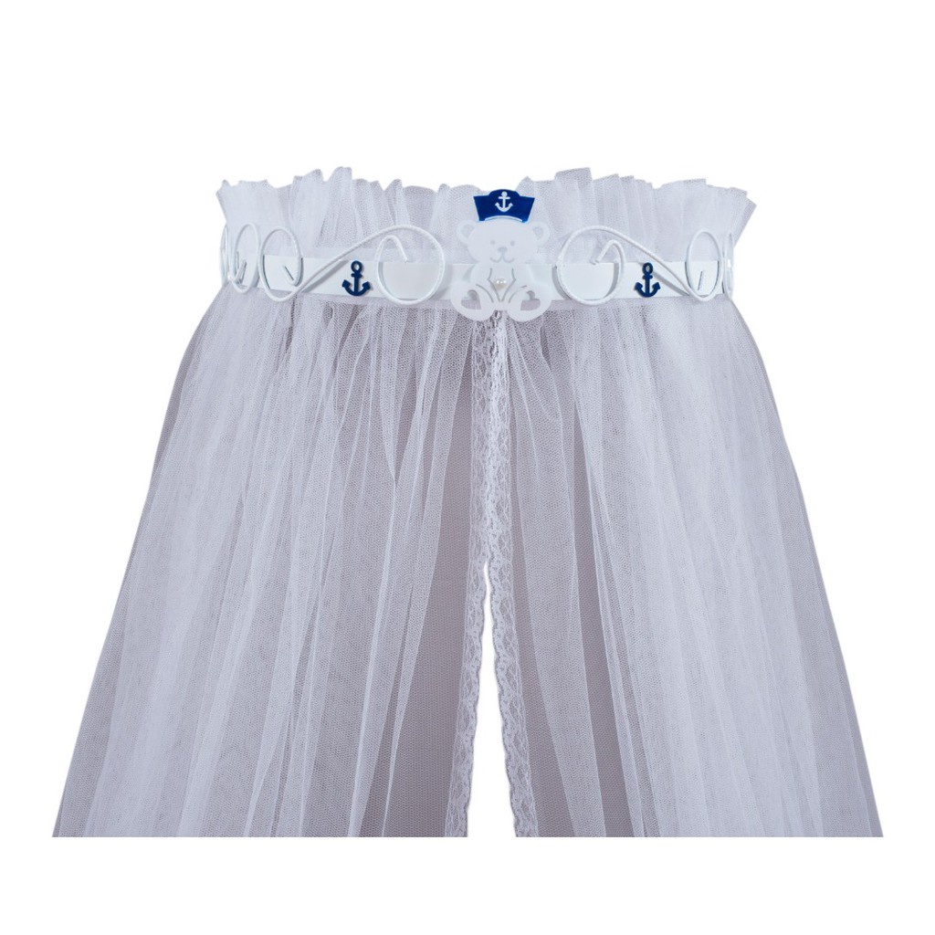 Dossél de Parede quarto bebe Menino Branco Ursinho Marinheiro e Véu Filó com Renda