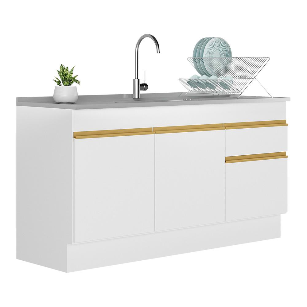 Balcão Cozinha com Rodapé Gabinete Pia 150 cm 3 Portas 1 Gaveta Veneza GW Multimóveis MP2115 Branco em Oferta na Shopee