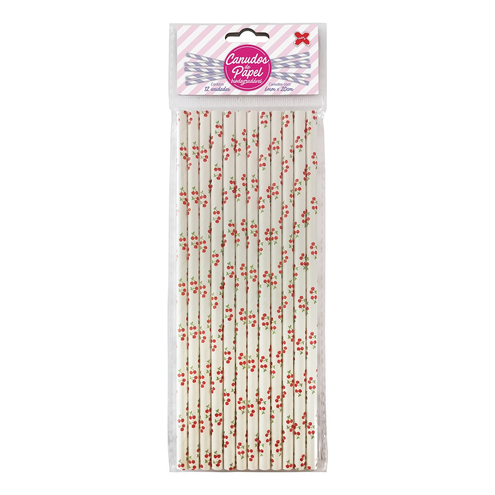 Canudo de Papel Branco com Cereja 6mm x 200 mm - 4357 - 12 unidades