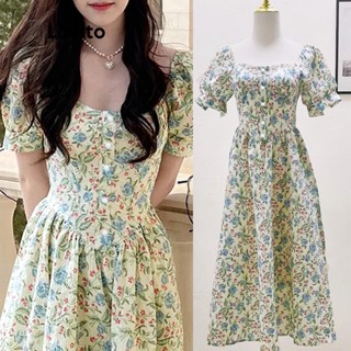 Lovito Casual Vestido Feminino Floral Franzido Evasê Midi de Manga Curta LNE07131 (Multicor)
