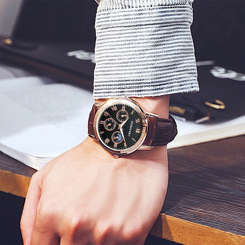 Casual Mostrador Preto Três Olhos Fase Da Lua Quartzo Couro Sintético Pulseira Marrom Relógio Masculino
