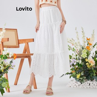 Lovito Saia Boho Liso com Bordado de Ilhós e Babado em Formato de Vestido de Baile com Forro e Cós Elástico para Mulheres L54ED085 (Branco