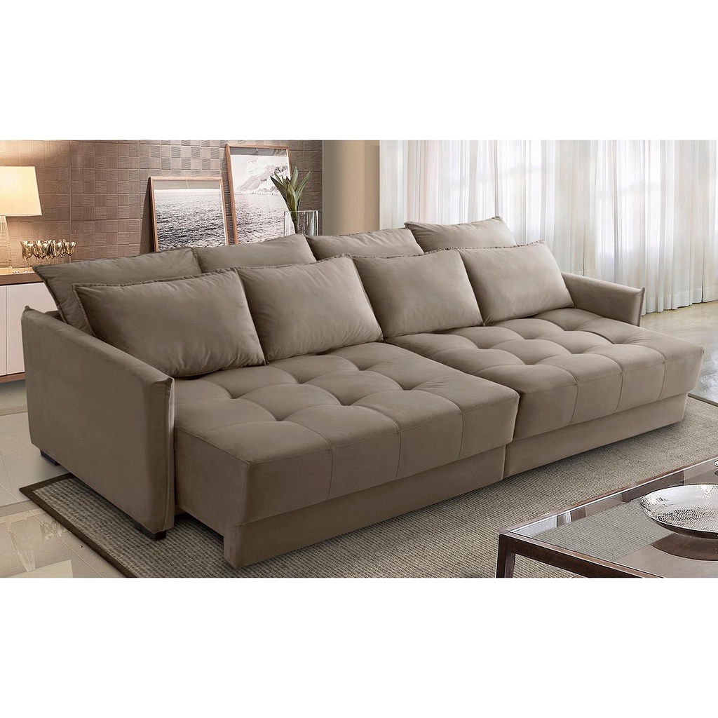 Sofá Cama Retrátil e Reclinável 2,10m com Molas Carol Veludo Cappuccino Adonai Estofados - Home & Living