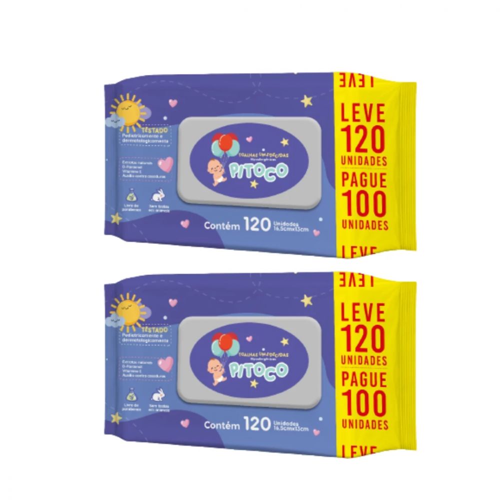 Kit C/2 Pitoco - Toalhas Umedecidas Hipoalergênicas 120 Unidades Chams