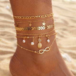 Conjunto De Tornozeleiras Vintage Gold Color Star Pearl Multilayer Anklets Moda Rhinestones Empilháveis Jóias Presentes