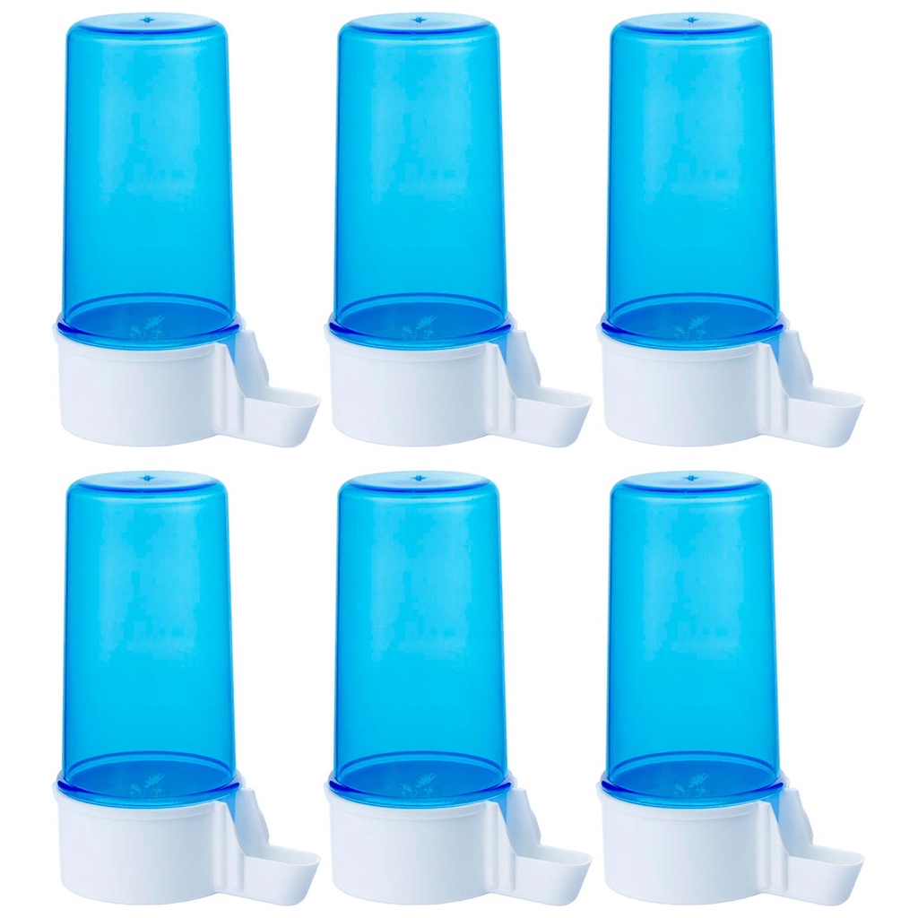 Kit 6 Bebedouro Automático Italiano Azul 200ml Malha Fina Canário Periquito Agapornis Curió Bicudo