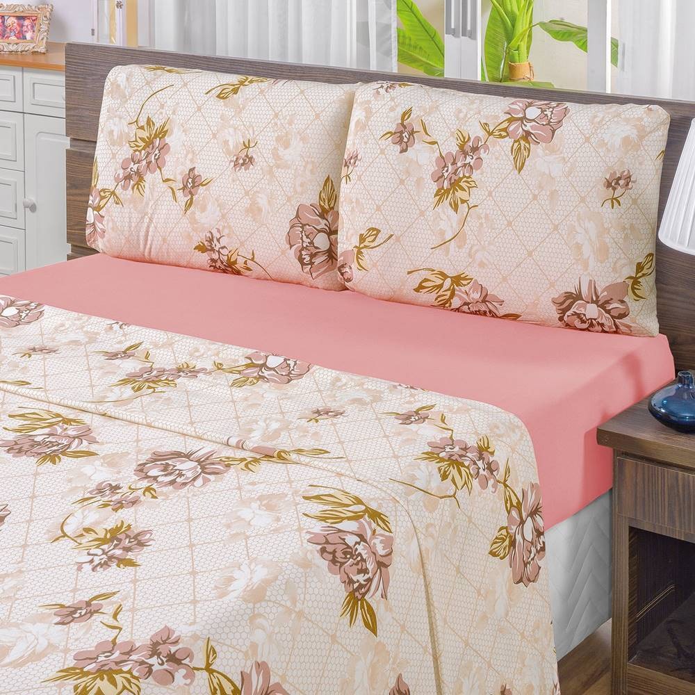 Jogo De Cama Malha King Quality 04 Peças - Estampa Rosê