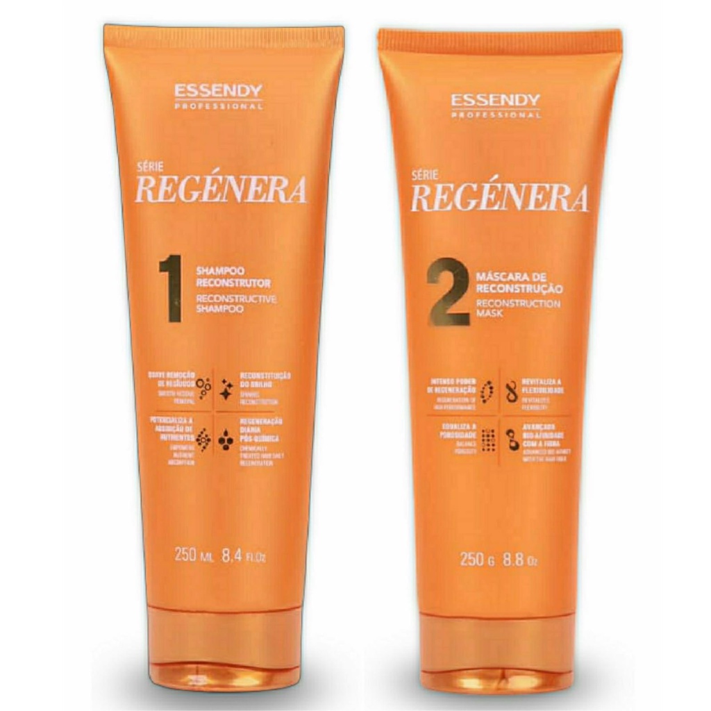 Kit Shampoo e Máscara 250ml Série Regénera Home Care Essendy - Shampoo Limpeza Suave e Máscara Capilar de Reconstrução