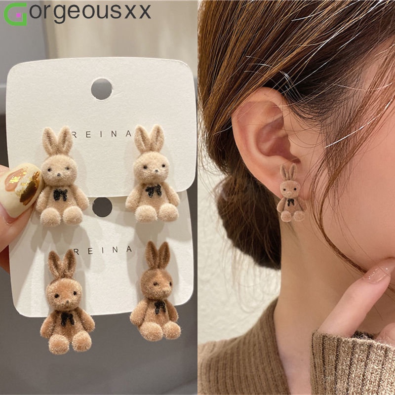 Pinos De Orelha De Coelho Sentado Da Moda Coreana Para Meninas Brincos De Veludo Floculantes Acessórios De Jóias Presentes De Festa em Oferta na Shopee