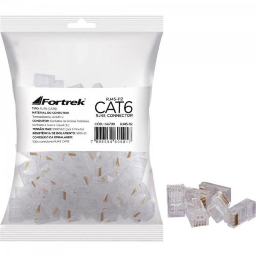 Kit 3 Pacotes Conector RJ45 Cat6 Fortrek com 300 Peças