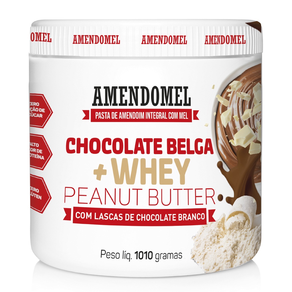 Pasta de Amendoim Amendomel 1010g Chocolate Belga + Whey Protein Amendoim + Mel
