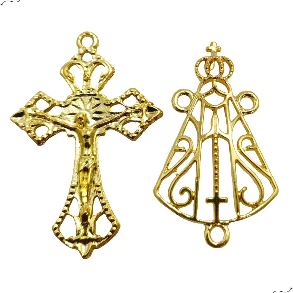 10 Crucifixos + 10 Entremeios Nossa Senhora Aparecida Dourado Para Terço
