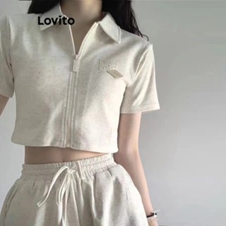 Lovito Casual Conjunto Feminino Liso Amarrado com Patch de Shorts com Zíper LNE16016 (Off White)