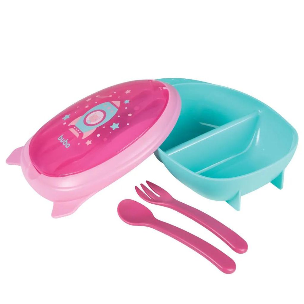 Kit Refeição Com Talheres Foguete Rosa Baby 13515 - Buba - Mom & Baby