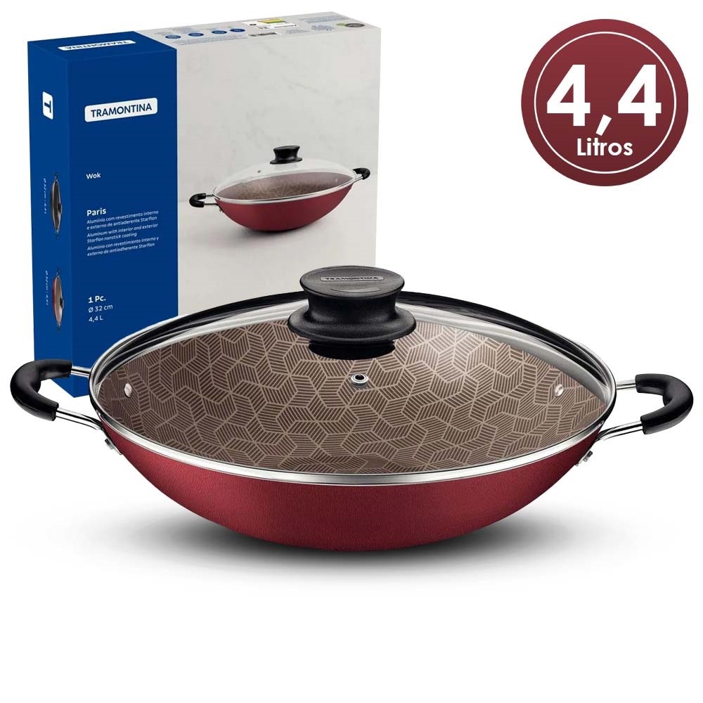 PANELA WOK TRAMONTINA PARIS ANTIADERENTE TAMPA DE VIDRO 32CM