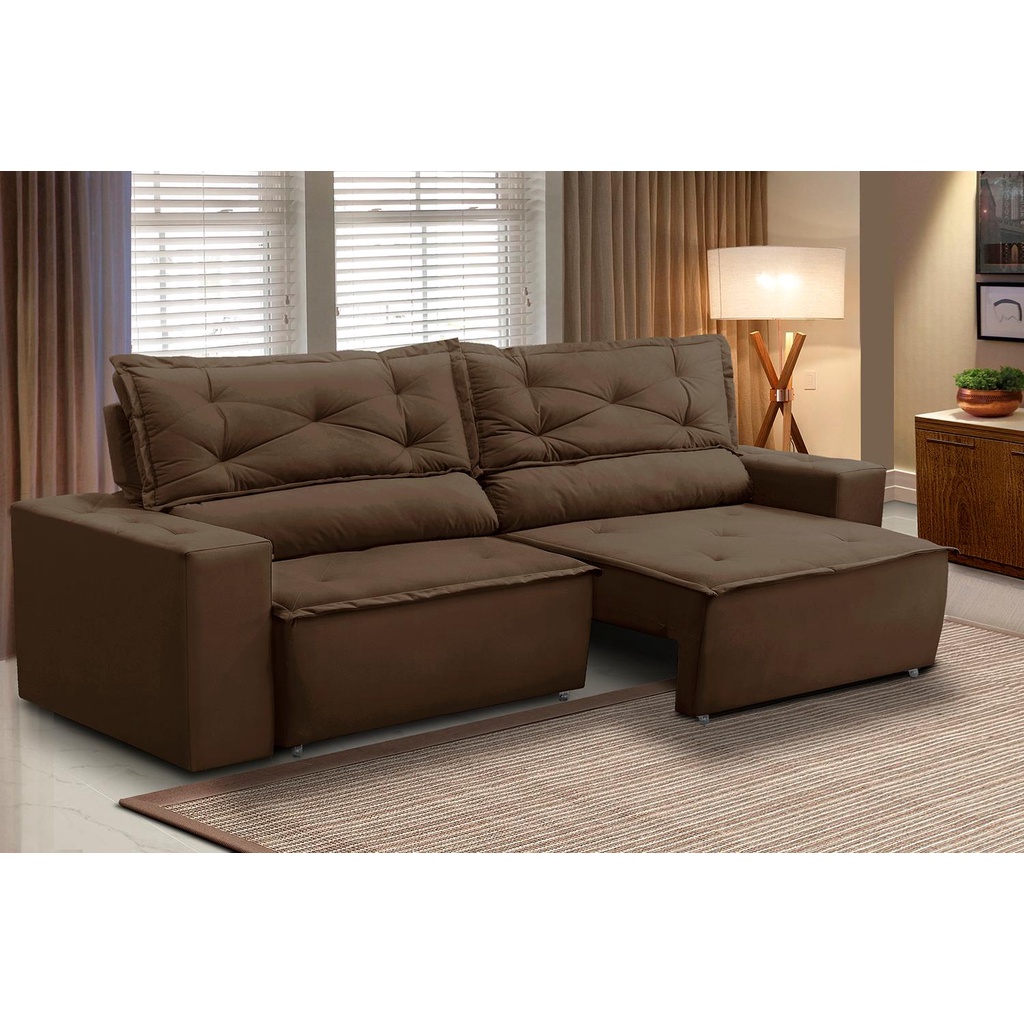 Sofá Retrátil e Reclinável 3 lugares com Molas 1,80m Livia Suede Marrom Adonai Estofados em Oferta na Shopee