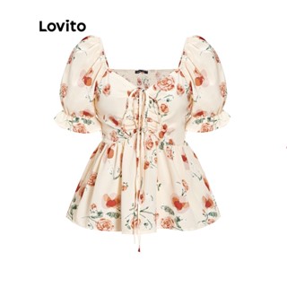 Lovito Blusa com Babados Detalhe Plissado e Amarração em Estampa Floral Casual para Mulheres L55AD030 (Damasco)