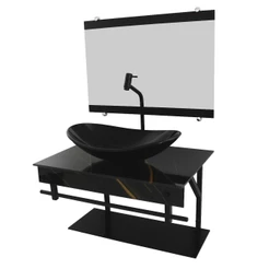 GABINETE DE VIDRO 60CM APX COM CUBA OVAL MÁRMORE PRETO DOURADO