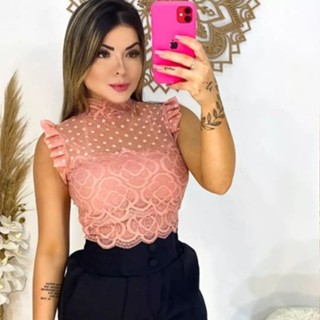 Cropped Blusa Feminina Rendado Poa Bolinha Manga Pregueada