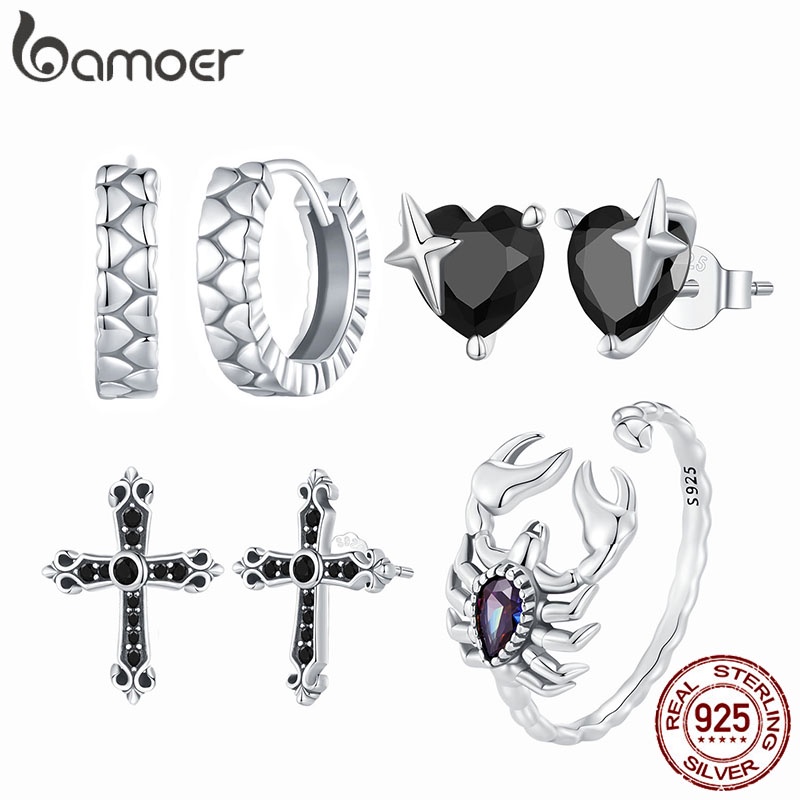 Brincos Bamoer 925 Sterling Silver Ring Estilo Vintage Heart Cross Scorpion Design Jóias Para Presentes Femininos em Oferta na Shopee