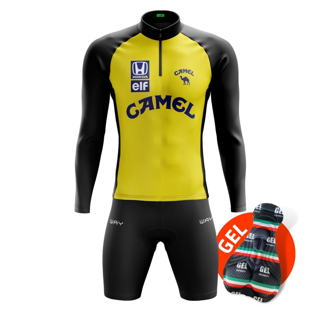 Conjunto Ciclismo Camisa Camiseta Camel e Bermuda Short Forro Gel Proteção Uv50 Roupa Bike Pedal Mtb