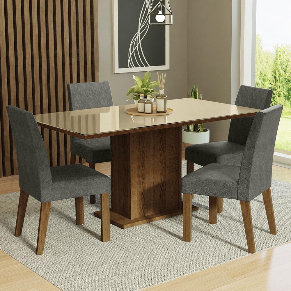 Conjunto Sala de Jantar Mesa Tampo de Vidro 4 Cadeiras Rustic/Crema/Silver Avril Madesa - Home & Living