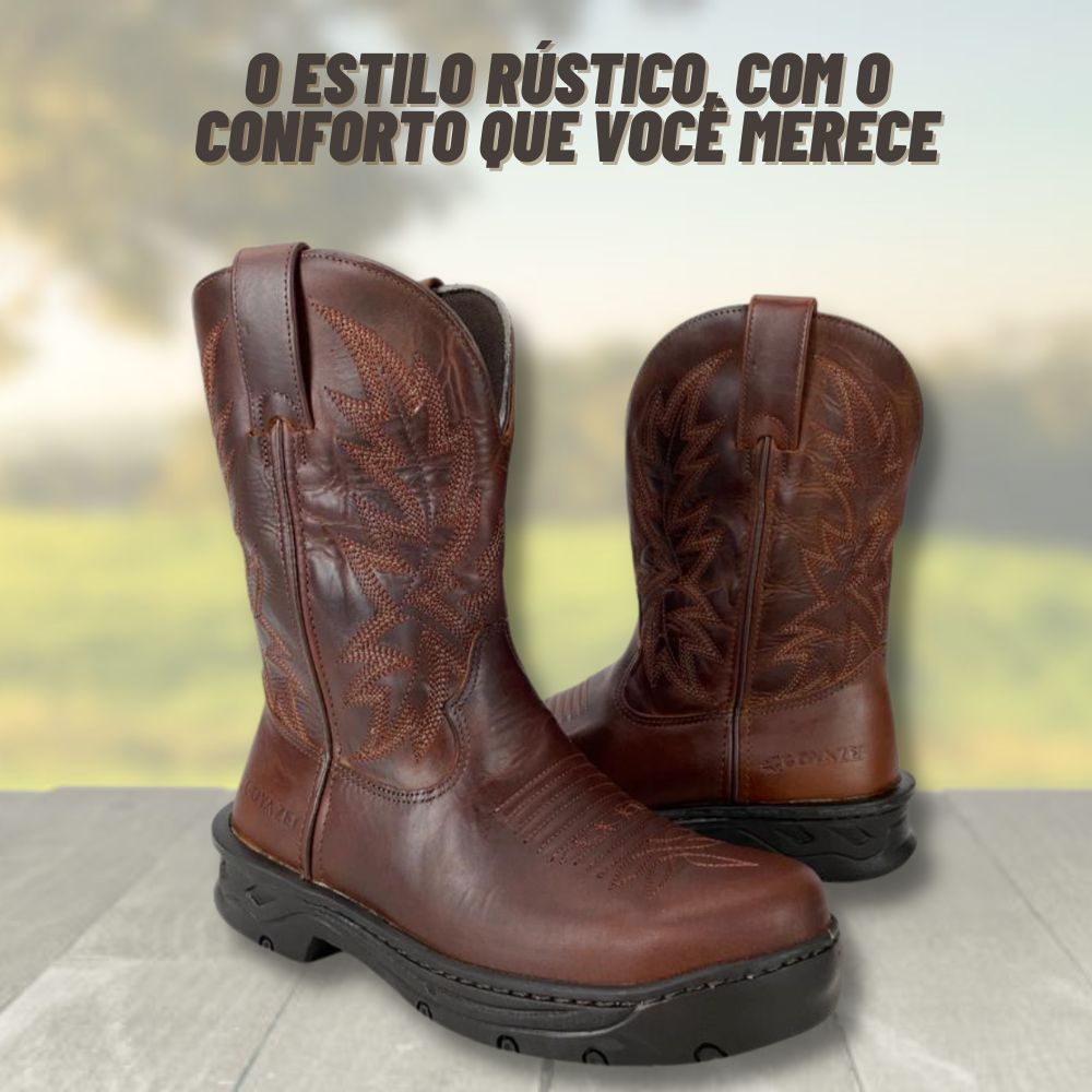 Bota Tênis Masculino Para Trabalho Original Goyazes Couro Legítimo Bico Redondo Cano Médio Bordado Palmilha Gel