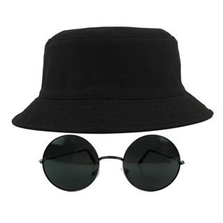 Kit Com Chapéu Bucket, Óculos de Sol Redondo Lente Escura Com Armação Metálica Com Proteção Uv400, Estiloso Rock MD-26